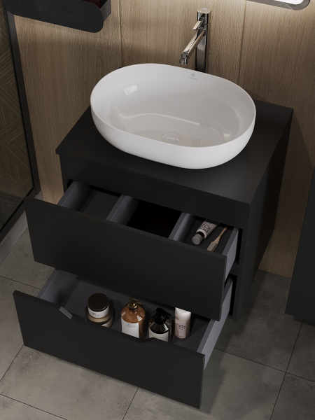 Тумба с раковиной подвесная 60 см, Orange Line Li-60TubMDF+B05-480W черный/белый