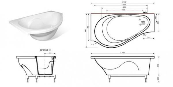 Ванна из искусственного камня на ножках AquaStone Корсика 170