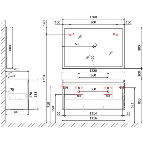 Тумба под раковину Jorno Glass 120  Gla.01.122/P/W