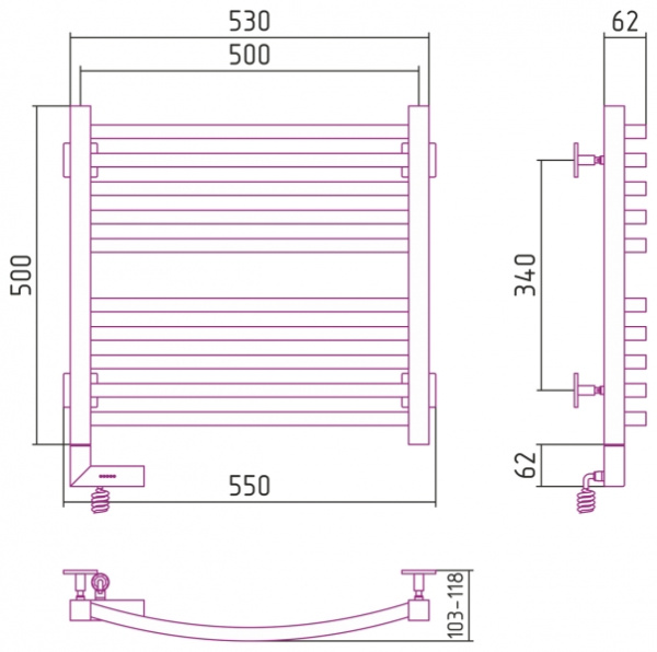 Полотенцесушитель Электрический Cунержа Аркус 2.0 Левый (500x500)Палитра RAL Classic RAL-5604-5050