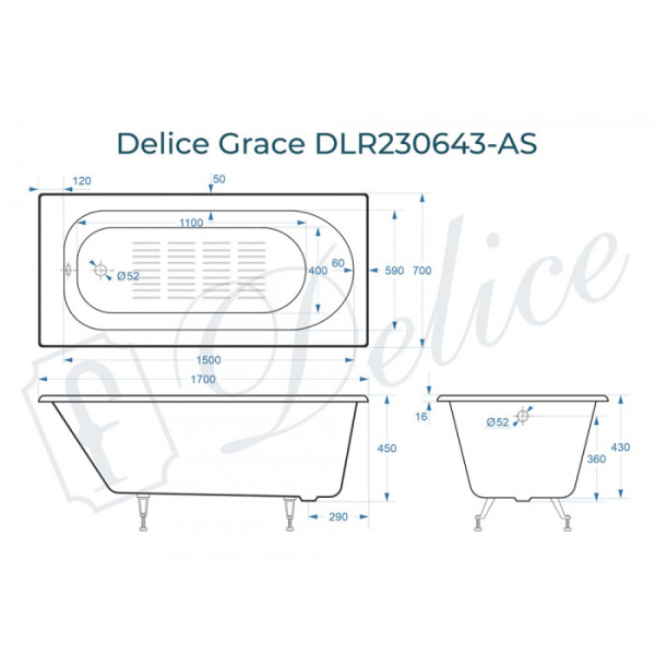 Ванна чугунная (170х70) Delice Grace DLR230643-AS с антискользящим покрытием Ванна чугунная (170х70) Delice Grace DLR230643-AS с антискользящим покрытием