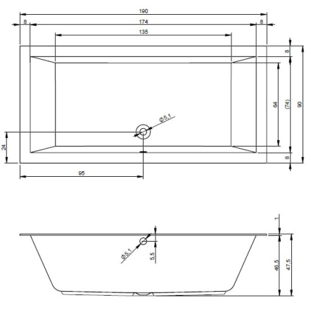 Акриловая ванна с тонким бортом Riho LUGO (200x90) B137001005  без гидромассажа