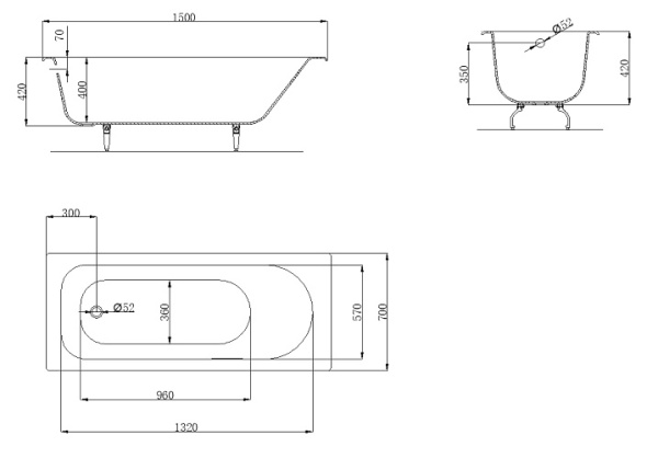 Ванна чугунная OWL 1975 Bjorn 150х75 с ножками и ручками OWLIB191103