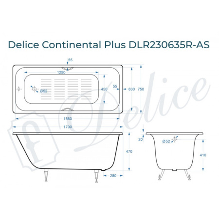 Ванна чугунная (170х75) Delice Continental PLUS DLR230635R-AS с отверстиями под ручки