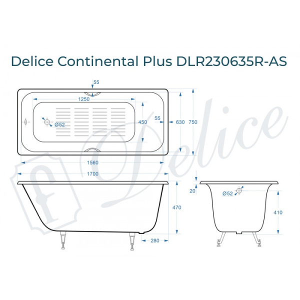 Ванна чугунная (170х75) Delice Continental PLUS DLR230635R-AS с отверстиями под ручки Ванна чугунная (170х75) Delice Continental PLUS DLR230635R-AS с отверстиями под ручки