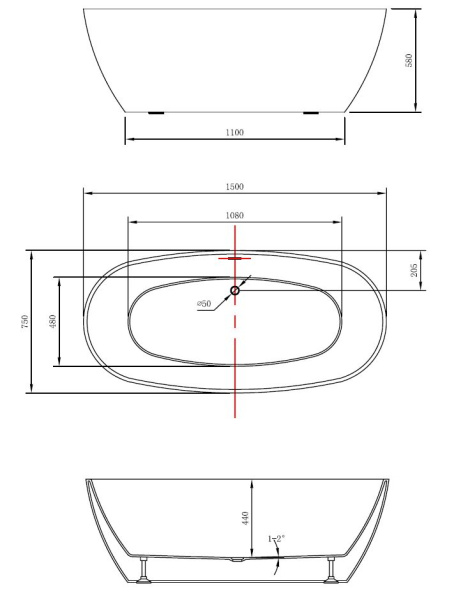 Ванна акриловая отдельностоящая (150х75) Vincea VBT-405-1500 белый глянец