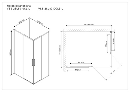 Душевой уголок Vincea  Slim VSS-2SL8010CLB-L (100х80)  матовый черный, стекло прозрачное, левый