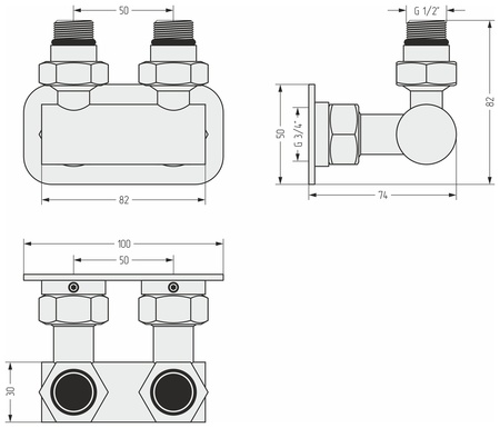 Модуль Сунержа угловой EU50 (2 х НР G 1/2" / 2 х НГ G 3/4") 020-1536-1234