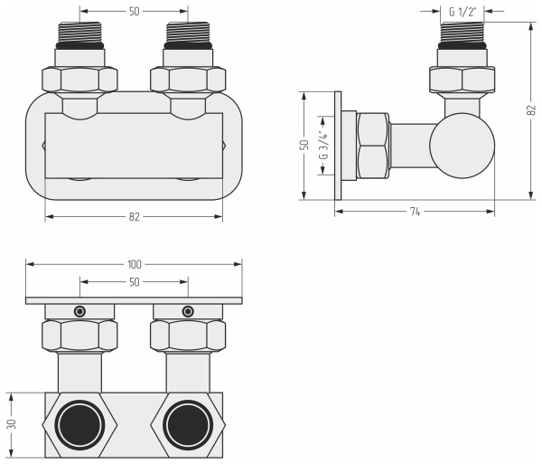 Модуль Сунержа угловой EU50 (2 х НР G 1/2" / 2 х НГ G 3/4") 00-1536-1234
