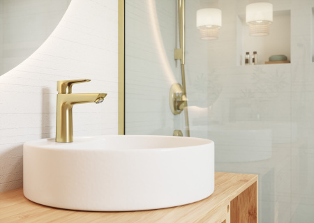 Смеситель для раковины с донным клапаном CoolStart Hansgrohe Talis E 71713990 полированное золото