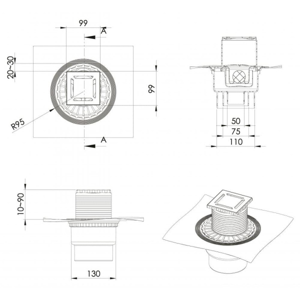 Душевой трап (10х10) Berges Wasserhaus ZENTRUM Norma 090462 матовый хром