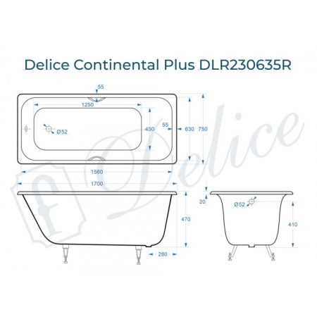 Ванна чугунная (170х75) Delice Continental PLUS DLR230635R с отверстиями под ручки