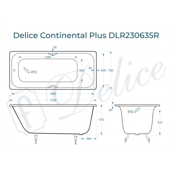 Ванна чугунная (170х75) Delice Continental PLUS DLR230635R с отверстиями под ручки Ванна чугунная (170х75) Delice Continental PLUS DLR230635R с отверстиями под ручки