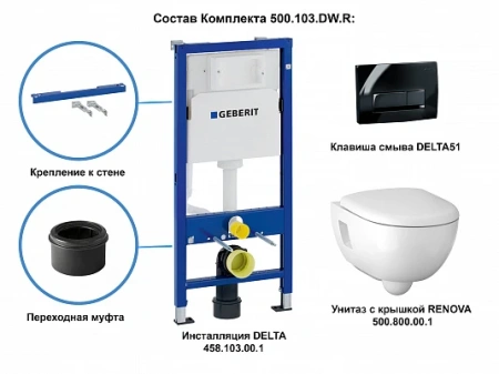 Комплект инсталляция Geberit Delta с подвесным унитазом Renova 500.103.DW.R с сиденьем микролифт и клавишей