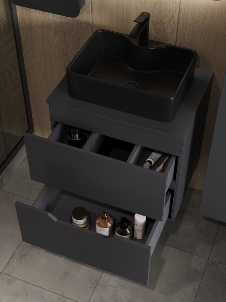 Тумба с раковиной подвесная 60 см, Orange Line Li-60TugMDF+B01-475MB графит/черный