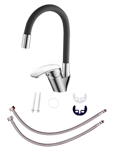 Смеситель для кухни однорычажный полимерный с гибким изливомOneLife P11-007cr  хром/черный