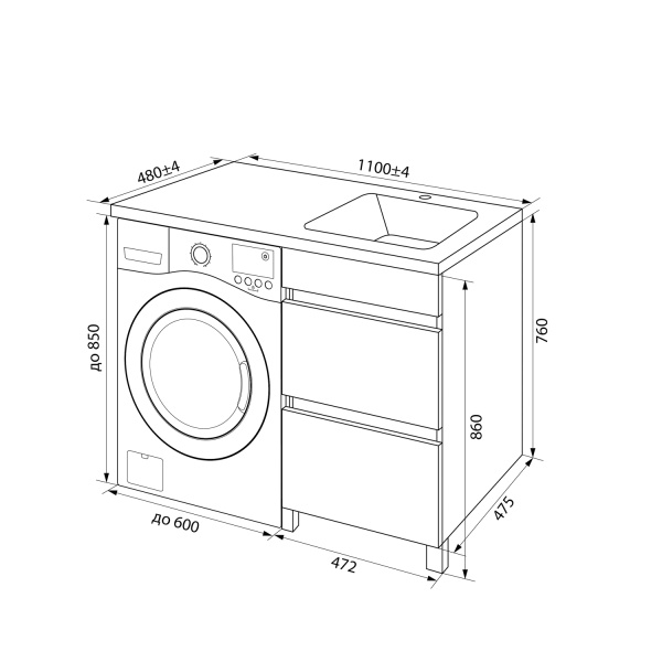 Тумба с умывальником напольная для стиральной машины с ящиками, 110 см, правая, белая, IDDIS Optima Home (OPH11RBi95K)