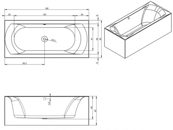 Ванна акриловая Riho Linares Plug & Play (180х80) R B142010005