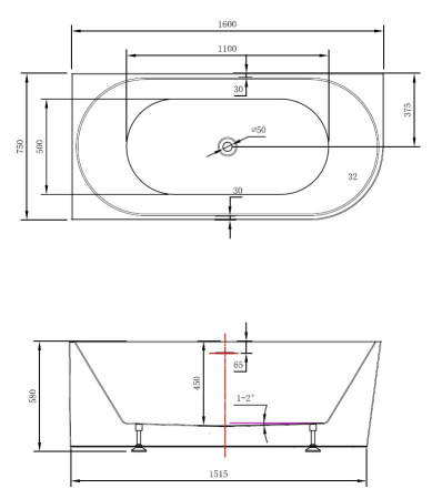 Ванна акриловая пристенная (160х75) Vincea VBT-402-1600L белый глянец, левая
