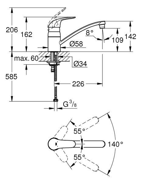 Смеситель для кухни однорычажный Grohe Euroeco 32750 000 (32750000) хром