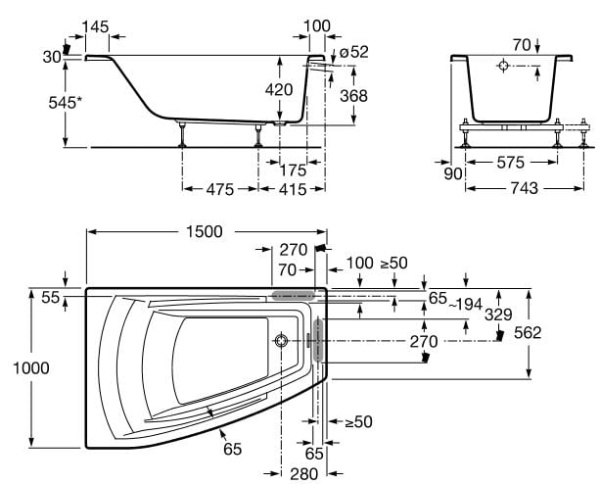 Асимметричная акриловая ванна Roca Hall 248165000