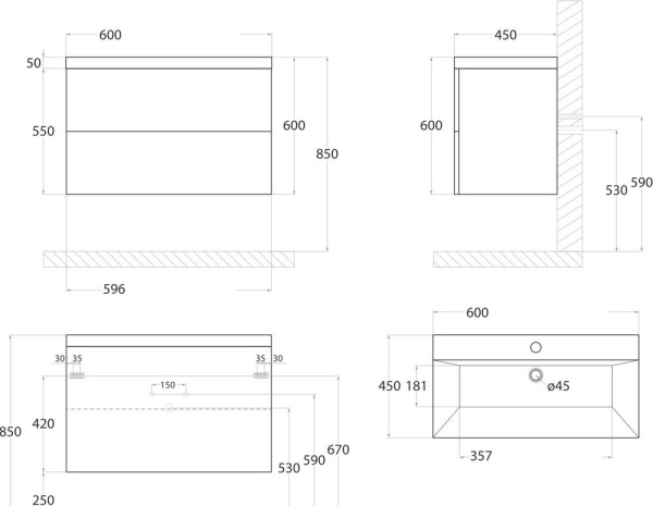 База под раковину подвесная Art&Max AM-Verona-Push-600-2C-SO-RS-TS дуб снома