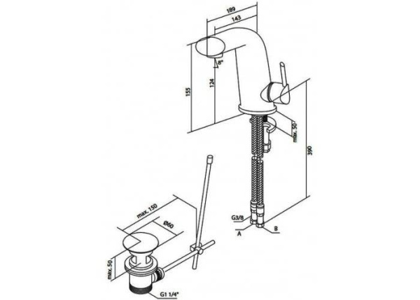 F1582100 Awe, смеситель д/умывальника с д/к, излив 143 мм, хром, шт