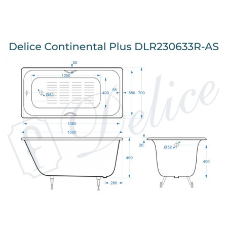 Ванна чугунная (150х70) Delice Continental PLUS DLR230633R-AS с отверстиями под ручки