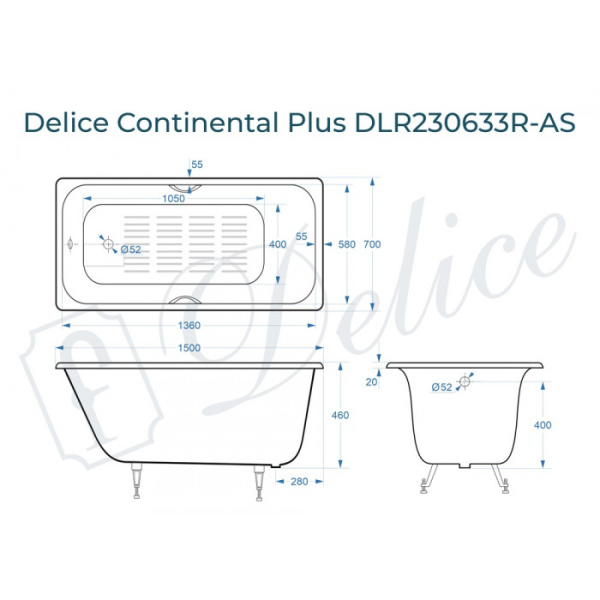 Ванна чугунная (150х70) Delice Continental PLUS DLR230633R-AS с отверстиями под ручки Ванна чугунная (150х70) Delice Continental PLUS DLR230633R-AS с отверстиями под ручки