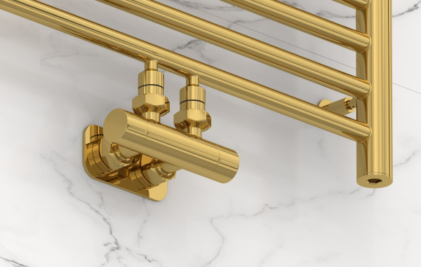 Вентиль Сунержа угловой EU50 (2 х G 1/2" НР х G 3/4" НГ) 03-1416-1234 золотой глянцевый