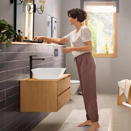 Смеситель для раковины с донным клапаном CoolStart EcoSmart+ Hansgrohe Rebris E 72591670 черный матовый