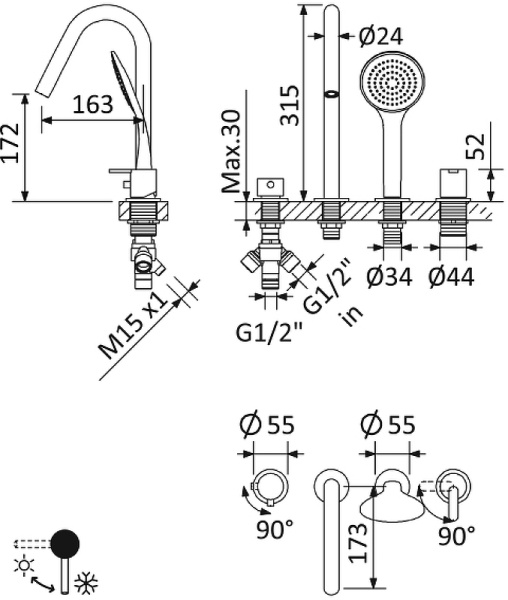 Смеситель на борт ванны Cezares Leaf LEAF-BVDM4-SS