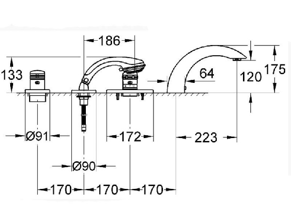 Смеситель однорычажный для ванны на 4 отверстия, Grohe Chiara 19623 L00 (19623L00)