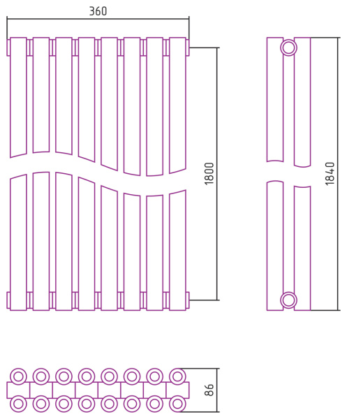 Полотенцесушитель Водяной Сунержа Эстет-00 (180х36) 8 секций Матовый Черный 31-0332-1808