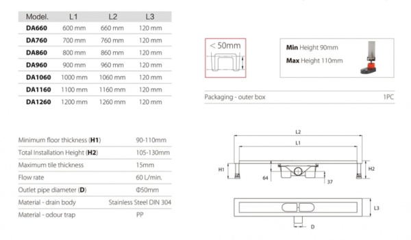 Трап для душа линейный RGW DA-FH800 07210780-01