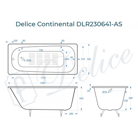 Ванна чугунная (130х70) Delice Continental DLR230641-AS с антискользящим покрытием