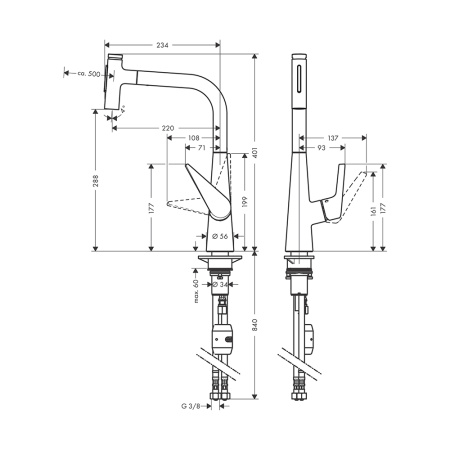 Смеситель для кухни с выдвижным изливом Hansgrohe Talis Select M51 2jet 72823800 нержавеющая сталь