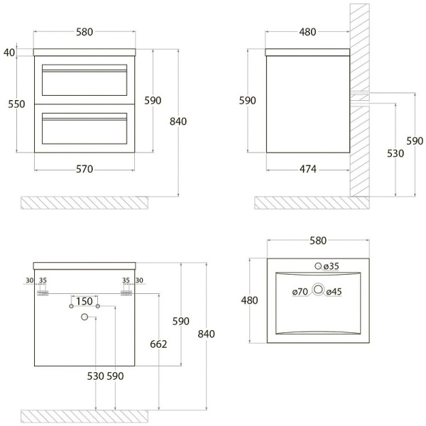 База под раковину напольная Art&max AM-Platino-580-2C-SO-NM Черный