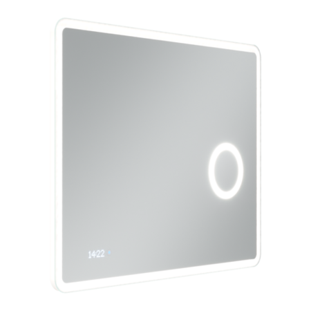Зеркало для ванной комнаты SANCOS Arcadia 1.0 900х700, LED подсветка; диммируемый сенсорный выключатель; встроенное увеличительное зеркало (линза) с 3-х кратным увеличением, дополнительная подсветка вокруг линзы; встроенные часы,пластиковый светопропускаю