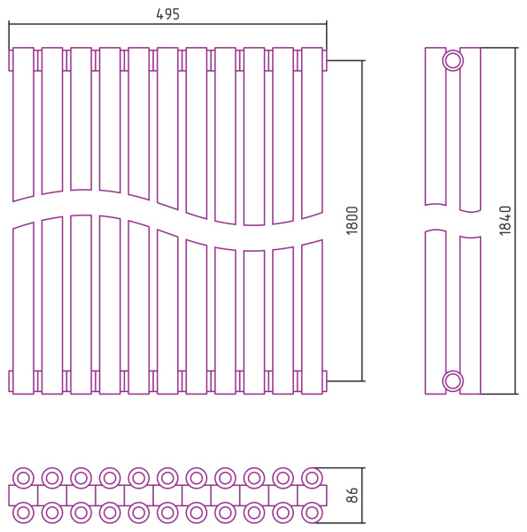 Полотенцесушитель Водяной Сунержа Эстет-00 (180х49) 11 секций Матовый Черный 31-0332-1811