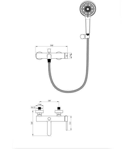 Смеситель для ванны с душем WONZON & WOGHAND STICK, черный матовый WW-88639017-MB