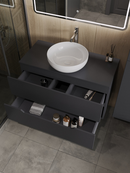 Тумба с раковиной подвесная 100 см, Orange Line Li-100TugMDF+B07-420W графит/белый