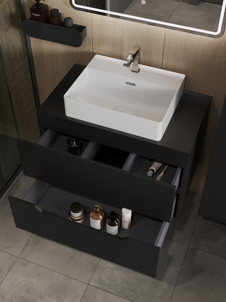 Тумба с раковиной подвесная 80 см, Orange Line Li-80TubMDF+B04-500W черный/белый