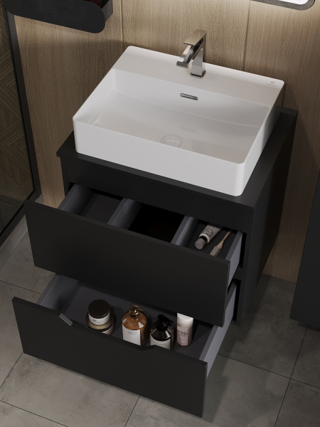 Тумба с раковиной подвесная 60 см, Orange Line Li-60TubMDF+B04-500W черный/белый