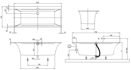 Ванна квариловая с ножками и сливом-переливом Villeroy & Boch Squaro Edge 12 170х75 UBQ170SQE2DV-01