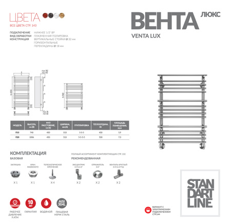 Полотенцесушитель водяной Terminus ВЕНТА люкс (500х1000) П20 4670078529527