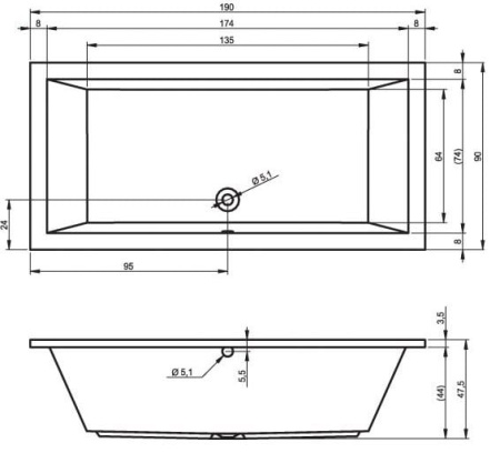 Ванна акриловая RIHO Lusso (190x90) B037001005 без гидромассажа