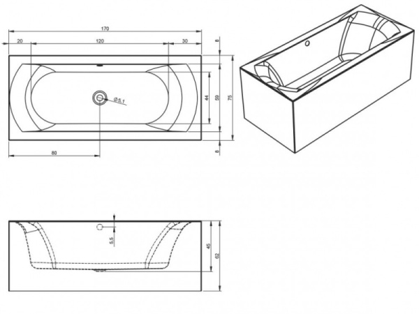 Ванна акриловая Riho Linares Plug & Play (170х75) R B141010005