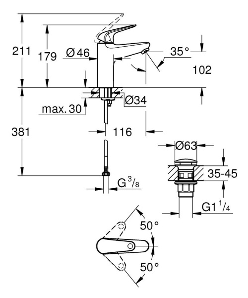 Смеситель для раковины однорычажный Grohe Euroeco New 24267 001 (24267001) хром