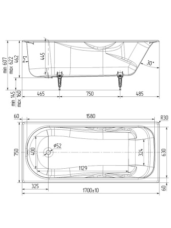 Чугунная ванна Wotte Comfort 170 x 75 см, (Comfort 1700x750UR), белая